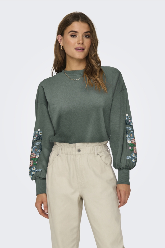 ONLBROOKE L/S O-NECK FLOWER SWT NOO 15216364 BALSAM GREEN/SLEEVE MULTI FLOWERS